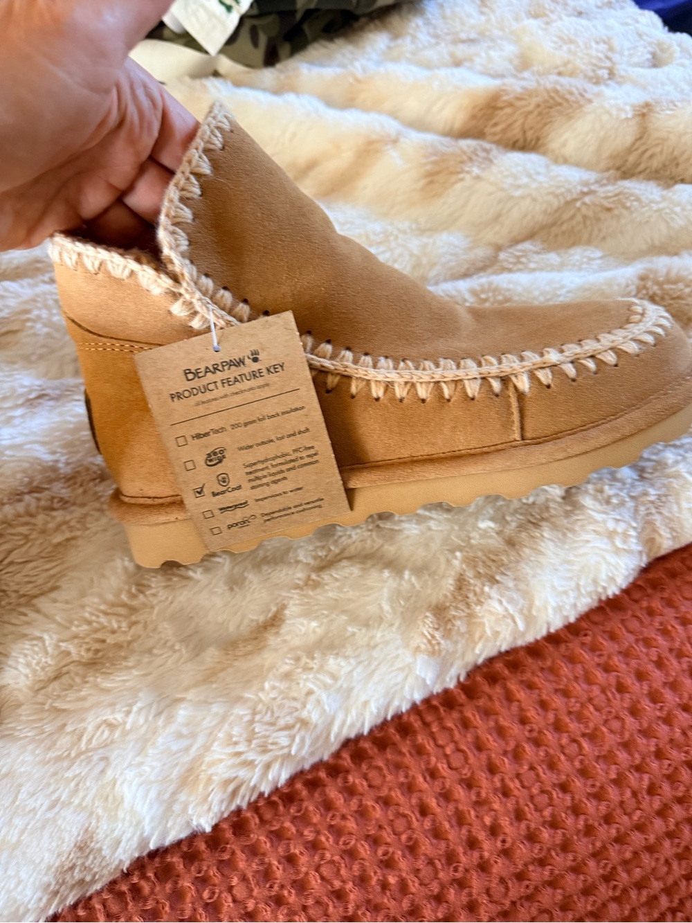 BearPaw Chestnut Tan Suede Moccasin Bootie with Contrast Stitch